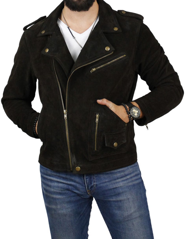 Chamarra de piel para caballero rockera, marca FRYE en color cafè.