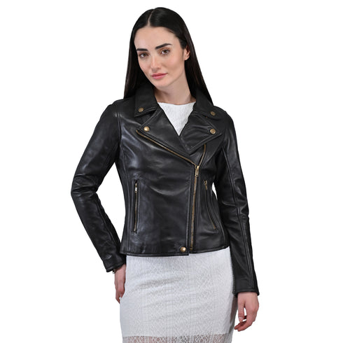 Chamarra rockera de piel para mujer, marca FRYE en color cafè.