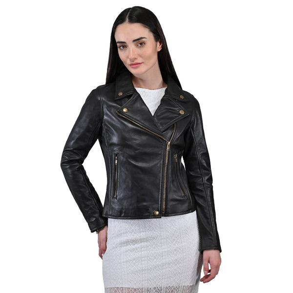 Chamarra rockera de piel para mujer, marca FRYE en color cafè.