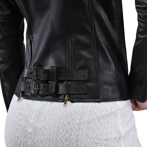 Chamarra rockera de piel para mujer, marca FRYE en color cafè.
