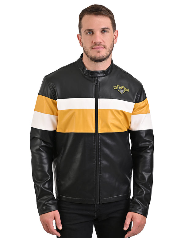 Chamarra LEE para Caballero en Negro con Detalles en Amarillo y Blanco.