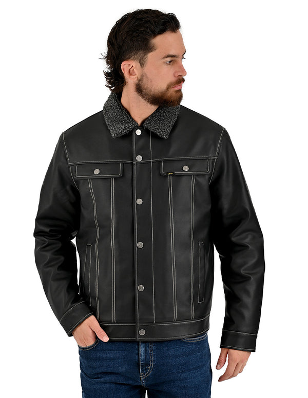 Chamarra Lee Hombre Trucker con Borrega Negro