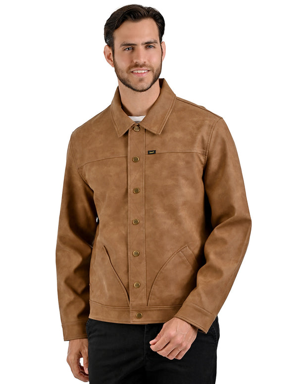 LEE chamarra tipo trucker para caballero en piel sintetica color café.
