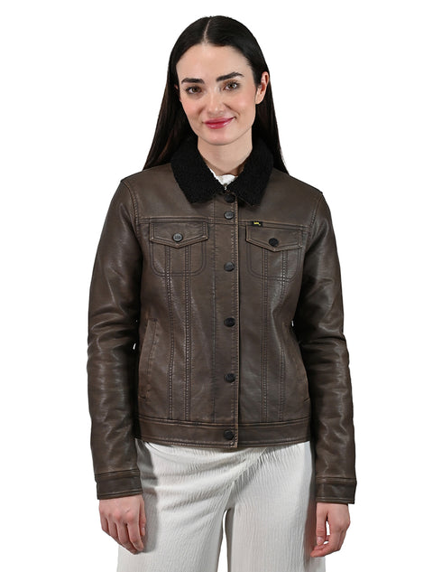 Chamarra Lee Café De Piel Sintética Con Borrega Para Mujer.