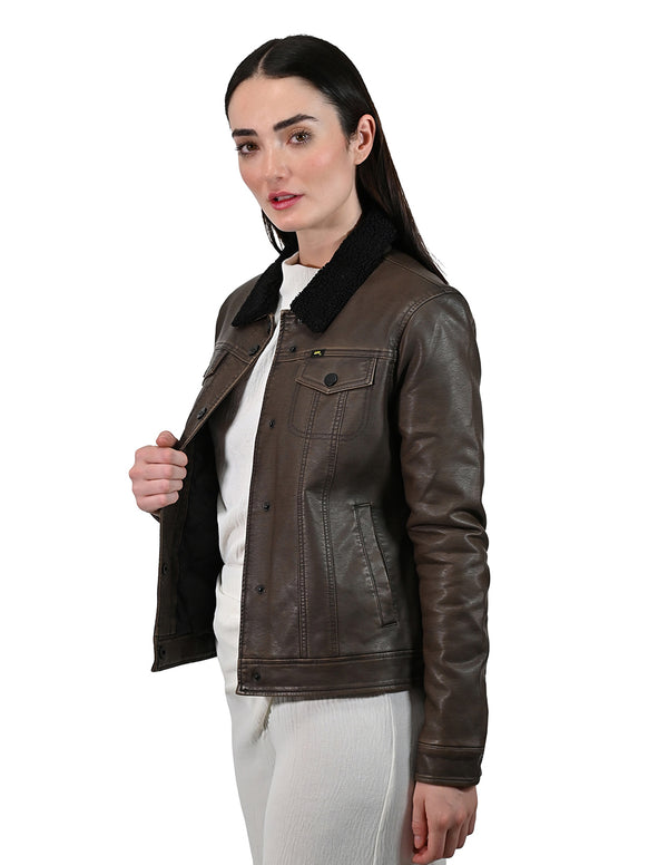 Chamarra Lee Café De Piel Sintética Con Borrega Para Mujer.
