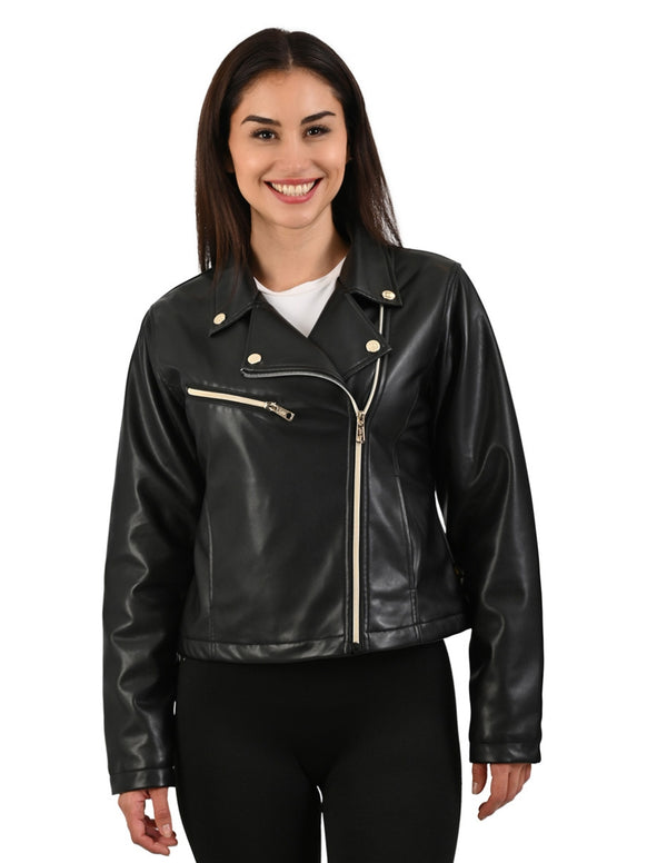 Chamarra de Dama Lee Negra Estilo Biker en Piel Sintética