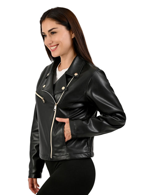 Chamarra de Dama Lee Negra Estilo Biker en Piel Sintética