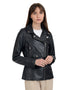 Chamarra de piel tipo Biker para mujer en color negro.