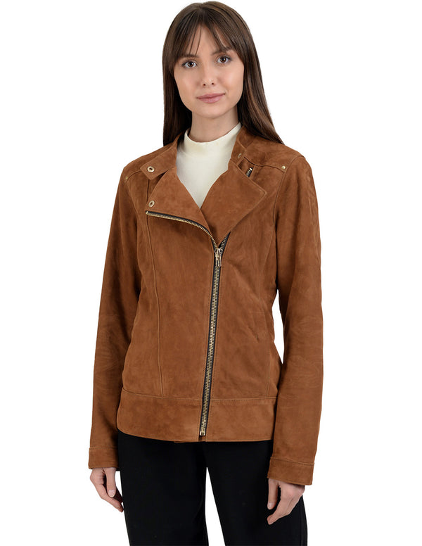 Chamarra Biker de Piel ante, marca NINE WEST para mujer en color café.