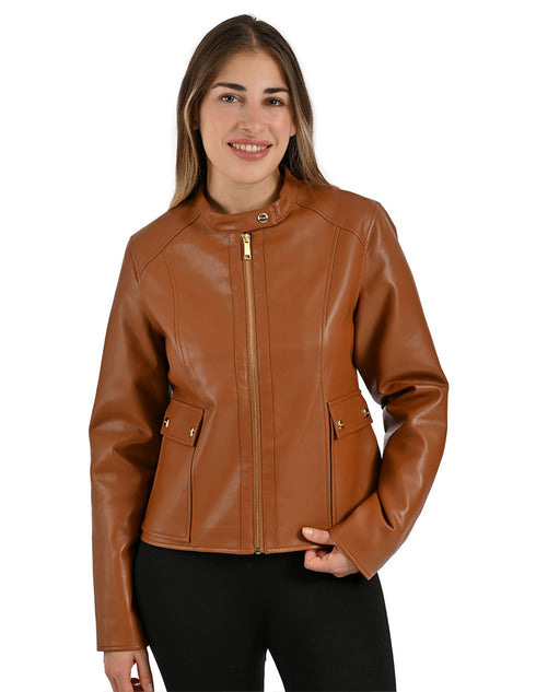 Chamarra Nine West Dama Biker Cuello Mao Café