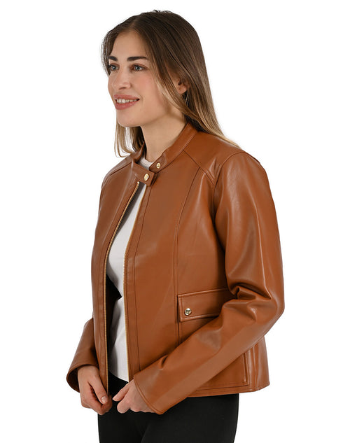 Chamarra Nine West Dama Biker Cuello Mao Café