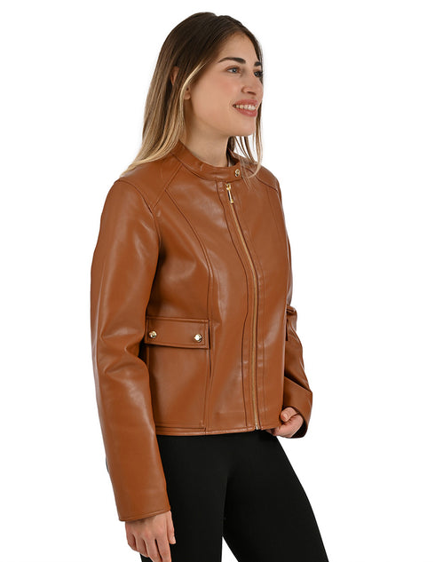 Chamarra Nine West Dama Biker Cuello Mao Café