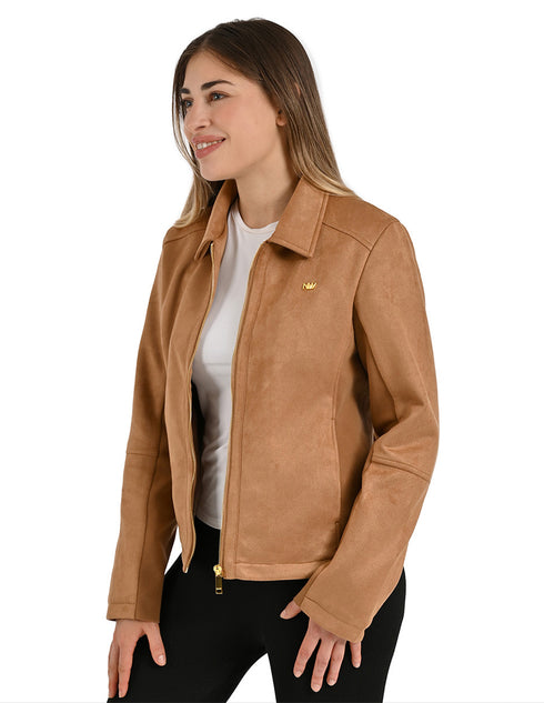 Chamarra Nine West Dama Racer Tipo Gamuza Café