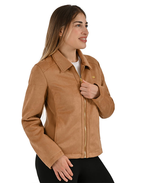 Chamarra Nine West Dama Racer Tipo Gamuza Café