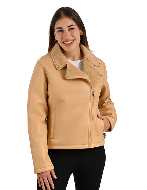 Chamarra Nine West Dama Estilo Biker Latte