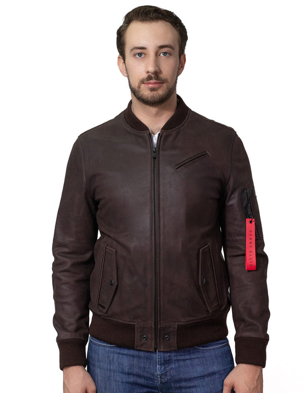 Bomber de piel en color Café para caballero marca PERRY ELLIS.