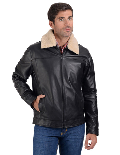 Chamarra de piel Perry Ellis para Caballero en color negro con Cuello de Borrego.