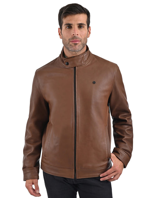 Chamarra de piel Perry Ellis para hombre café cuero