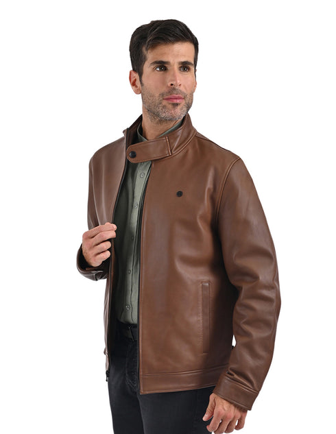 Chamarra de piel Perry Ellis para hombre café cuero