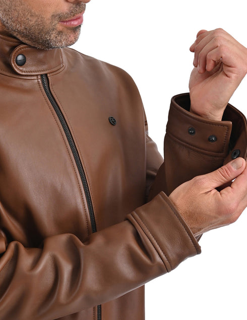 Chamarra de piel Perry Ellis para hombre café cuero