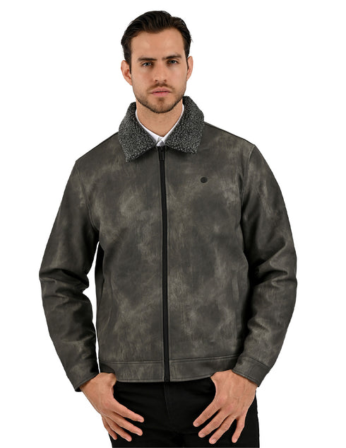 Chamarra Perry Ellis Portfolio Cuello Borrega Gris