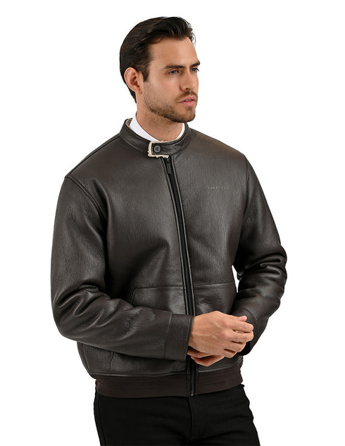 Chamarra Perry Ellis Portfolio Cuello Mao Café Oscuro