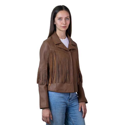 Chamarra de Piel cafe para Dama con Flecos Estilo Western.