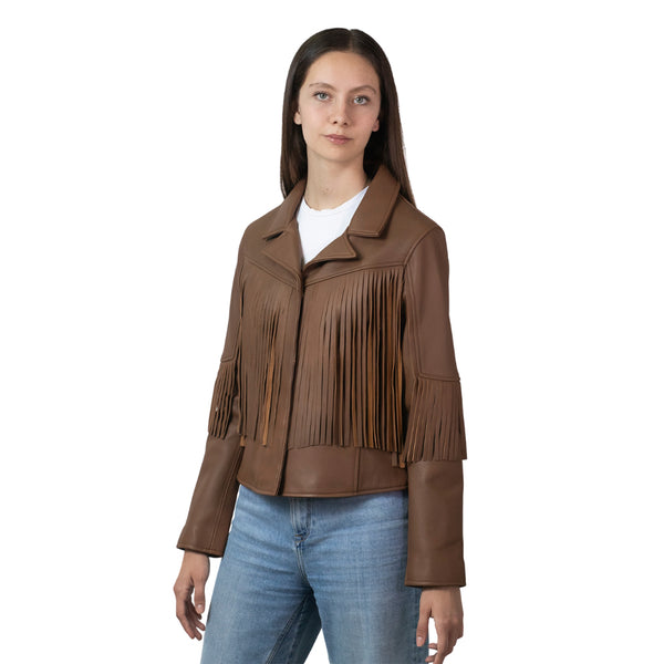 Chamarra de Piel cafe para Dama con Flecos Estilo Western.