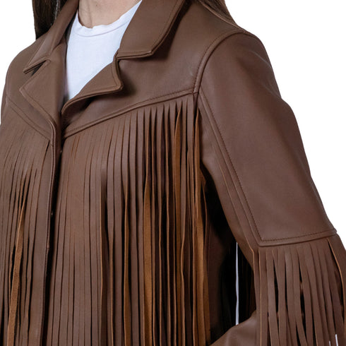 Chamarra de Piel cafe para Dama con Flecos Estilo Western.