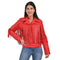 Chamarra de Piel Roja para Dama con Flecos Estilo Western.