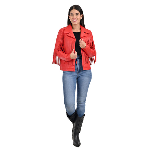 Chamarra de Piel Roja para Dama con Flecos Estilo Western.